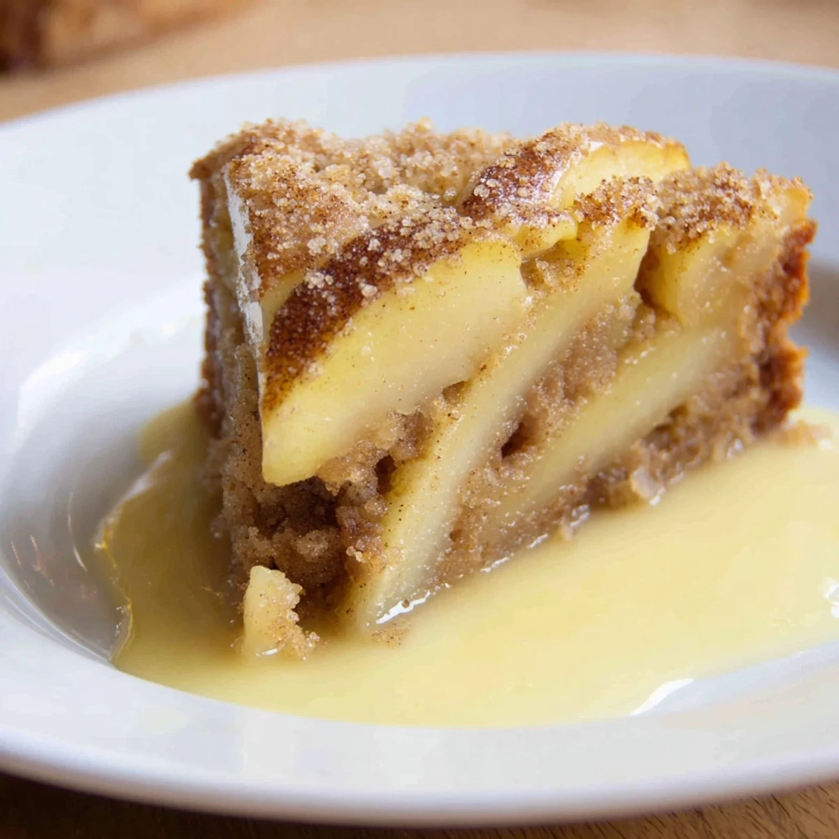 A slice of Irish Apple Cake with vanilla custard on a white plate, topped with a cinnamon-sugar crust and fresh apples.