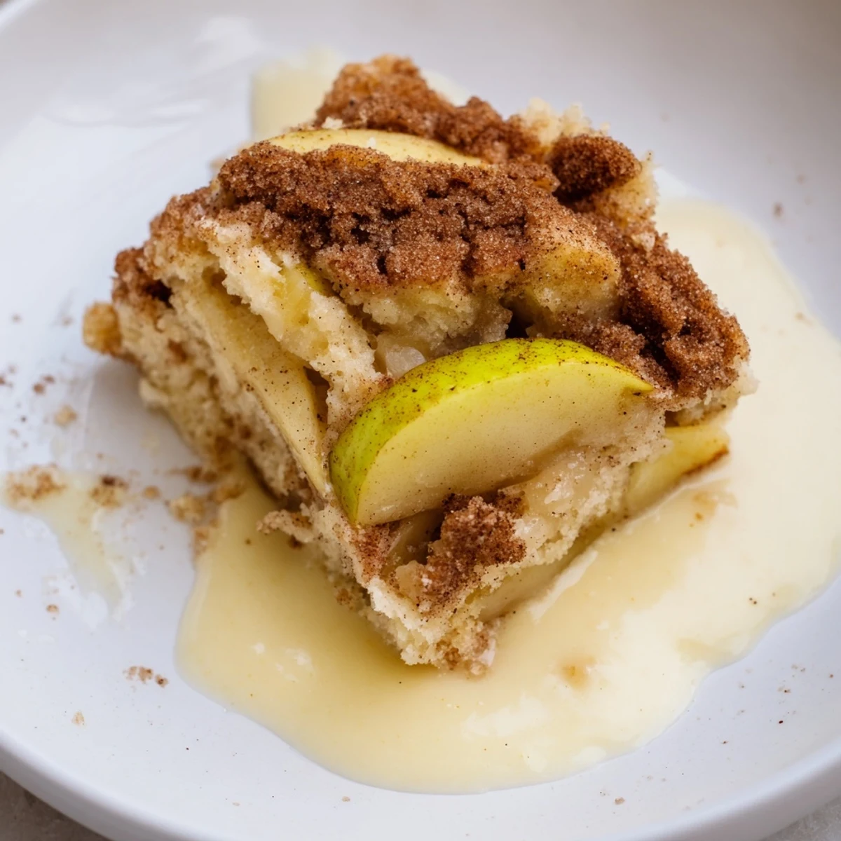 Warm vanilla custard being poured over a golden-brown Irish Apple Cake, revealing tender apples inside.