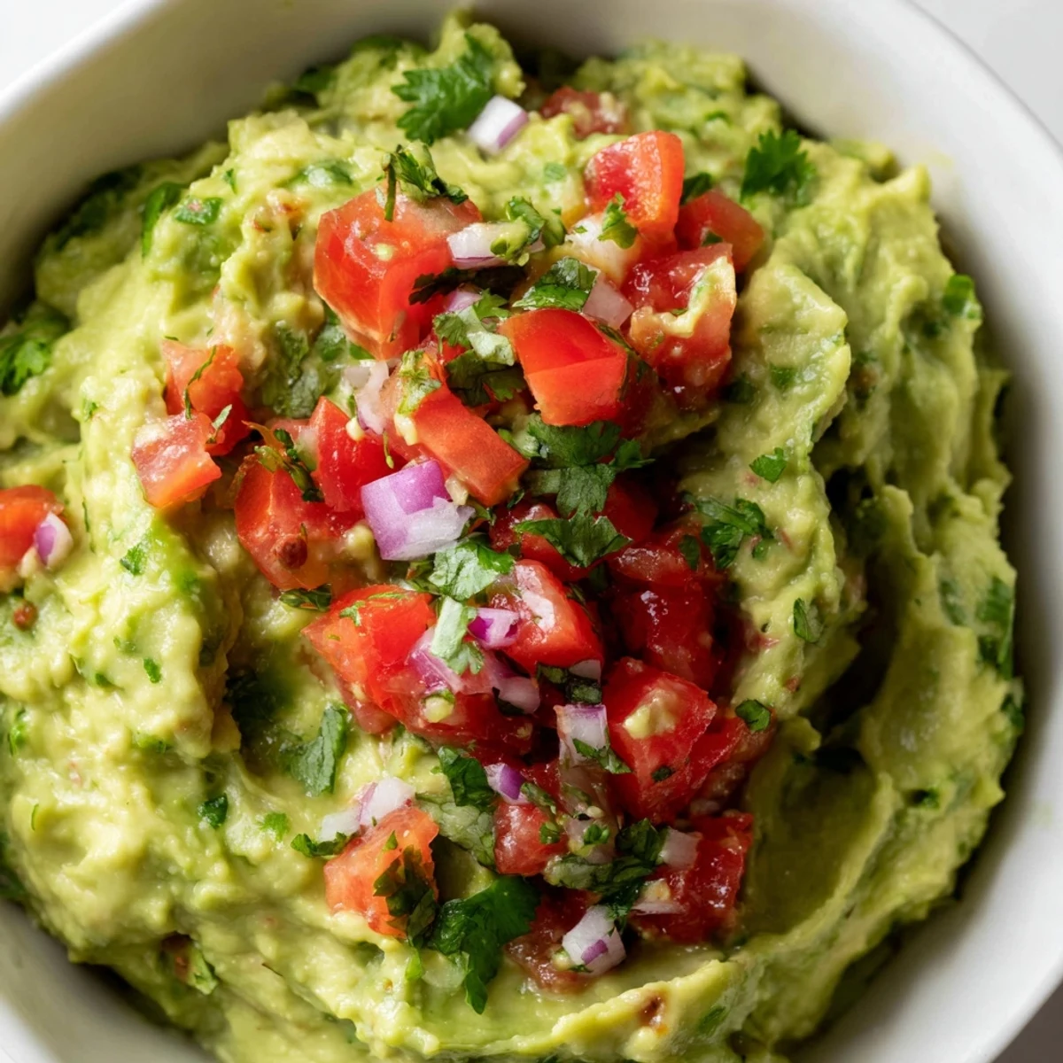A bowl of creamy Guacamole with Fresh Pico de Gallo topped with diced tomatoes, onions, and cilantro, served with tortilla chips.