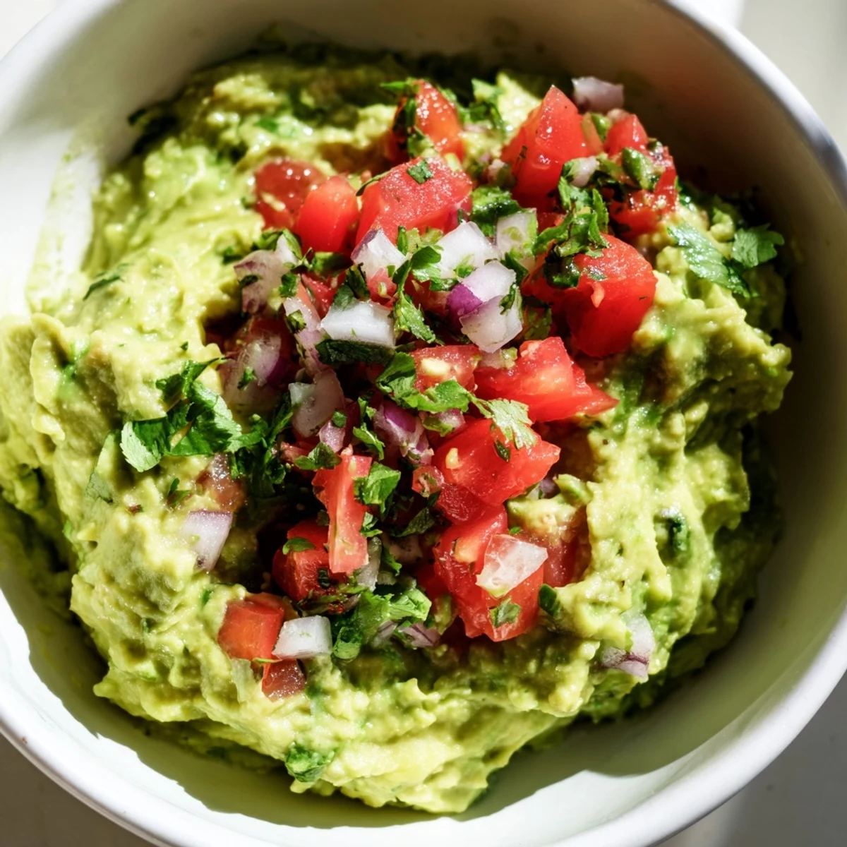 Freshly made Guacamole with Fresh Pico de Gallo garnished with cilantro, perfect for dipping with crispy tortilla chips.
