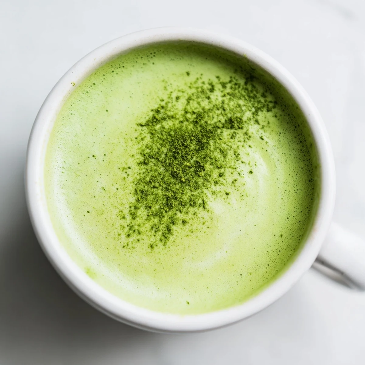 A creamy homemade Green Matcha Latte with oat milk, featuring a bamboo whisk resting beside the vibrant green tea mixture. 