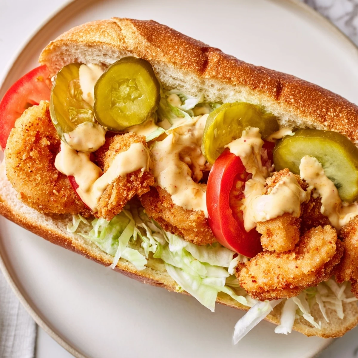 Golden Southern Shrimp Po Boy Sandwich stacked on a plate with remoulade dripping, crispy fried shrimp, lettuce, tomato, and pickles on a toasted baguette.