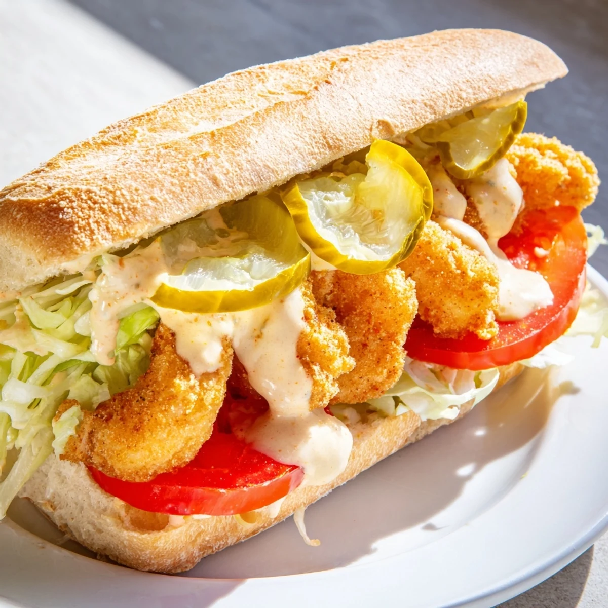 Freshly made Southern Shrimp Po Boy Sandwich on a wooden board, stuffed with golden fried shrimp, crisp lettuce, tomato slices, and pickles drizzled with sauce.