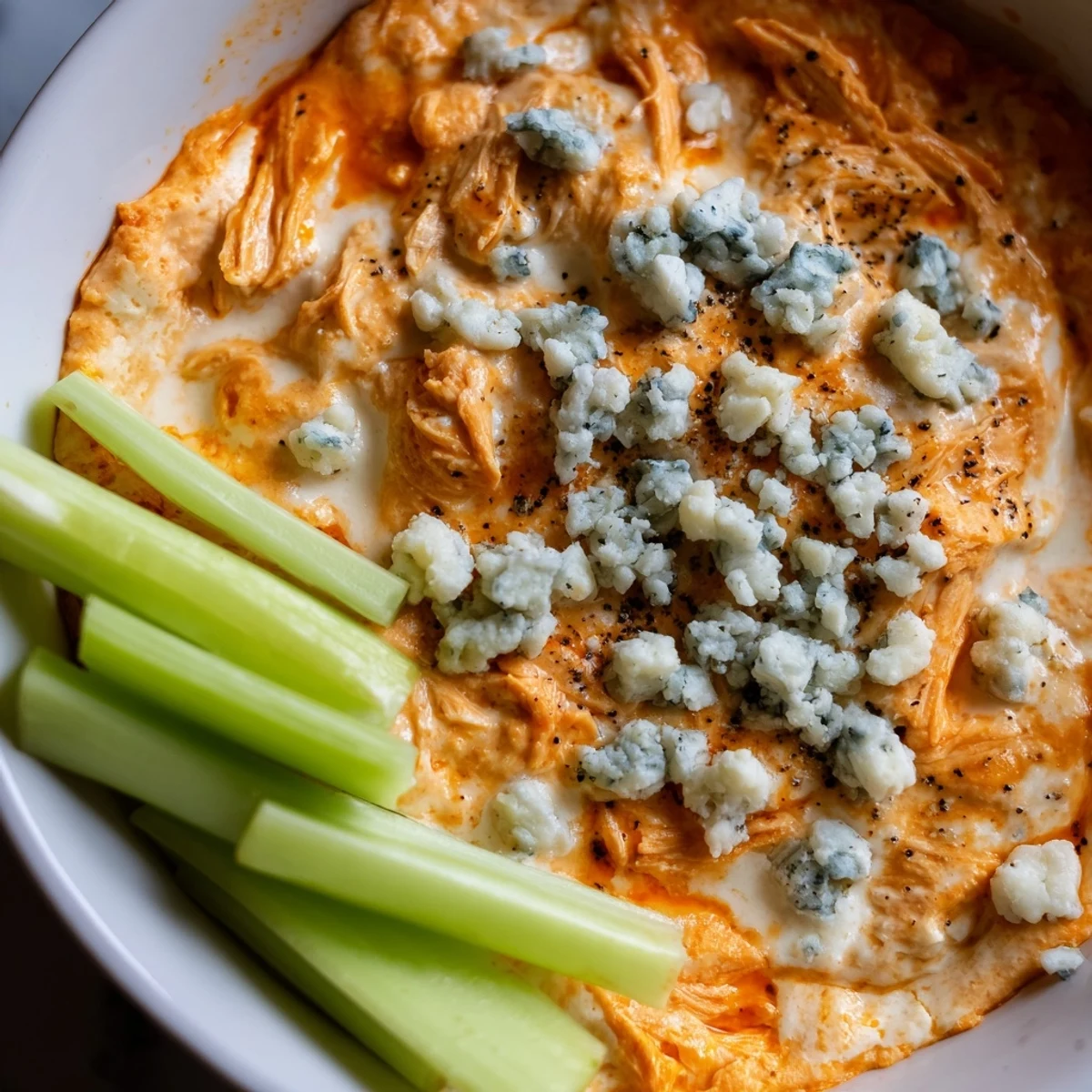 Golden, bubbly Spicy Buffalo Chicken Dip in a baking dish, surrounded by crisp celery sticks and ready for scooping.