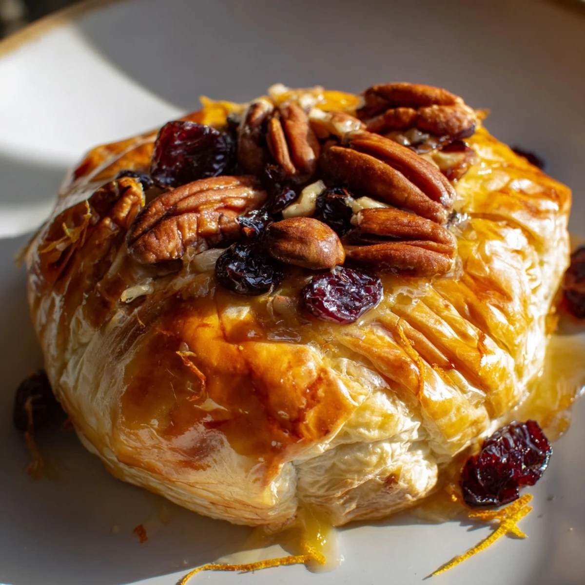 A close-up of golden-baked Brie with Cranberry and Pecan Topping, wrapped in flaky pastry and oozing warm cheese.