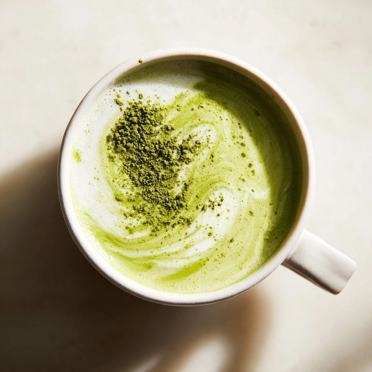 Green Matcha Latte with Oat Milk and Honey served in a clear glass, topped with a light matcha dusting.