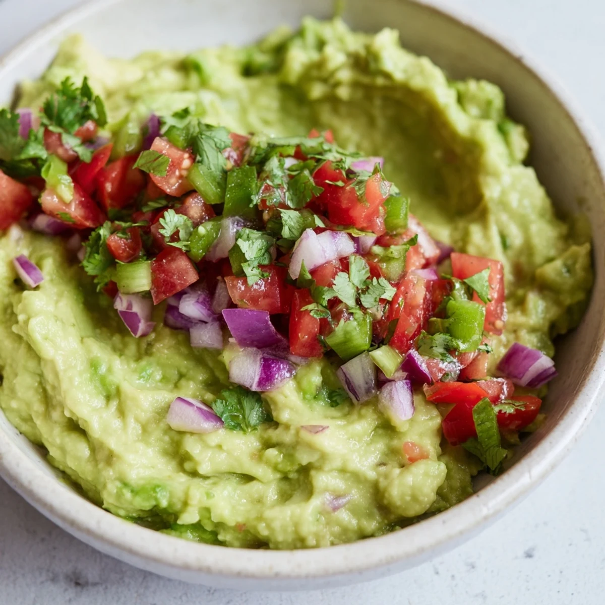 Fresh Guacamole with Fresh Pico de Gallo and Lime served in a rustic terracotta bowl, surrounded by crispy tortilla chips ready for dipping in this colorful appetizer.