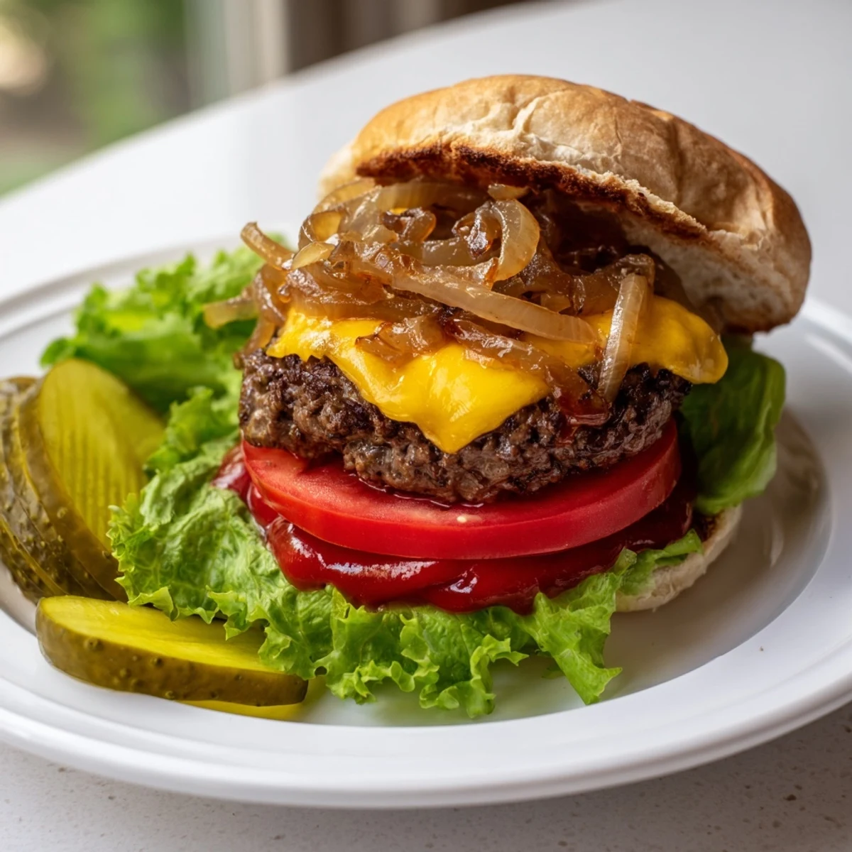 A close-up of a Classic Beef Burger with Caramelized Onions, featuring a juicy beef patty topped with sweet, golden onions on a toasted bun.