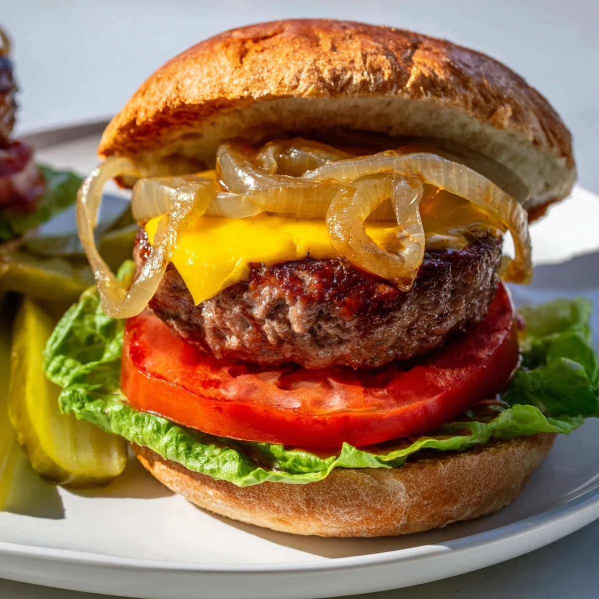 Homemade Classic Beef Burgers with Caramelized Onions stacked high, showcasing melted cheese and glistening onions on a rustic, toasted brioche bun.
