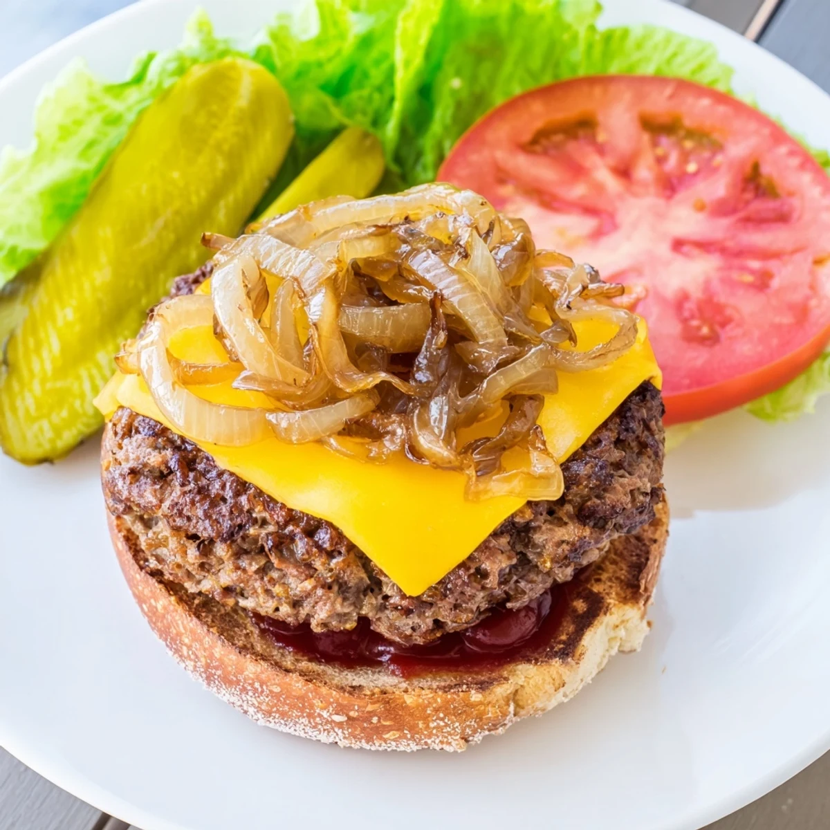 Classic Beef Burgers with Caramelized Onions served with lettuce, tomato, and pickles on a plate, ready to be enjoyed for dinner.