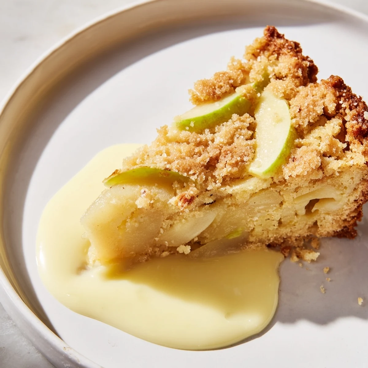 A slice of Irish Apple Cake with Warm Vanilla Custard, featuring tender spiced apples nestled in a golden cake crumb topped with glossy, velvety custard.