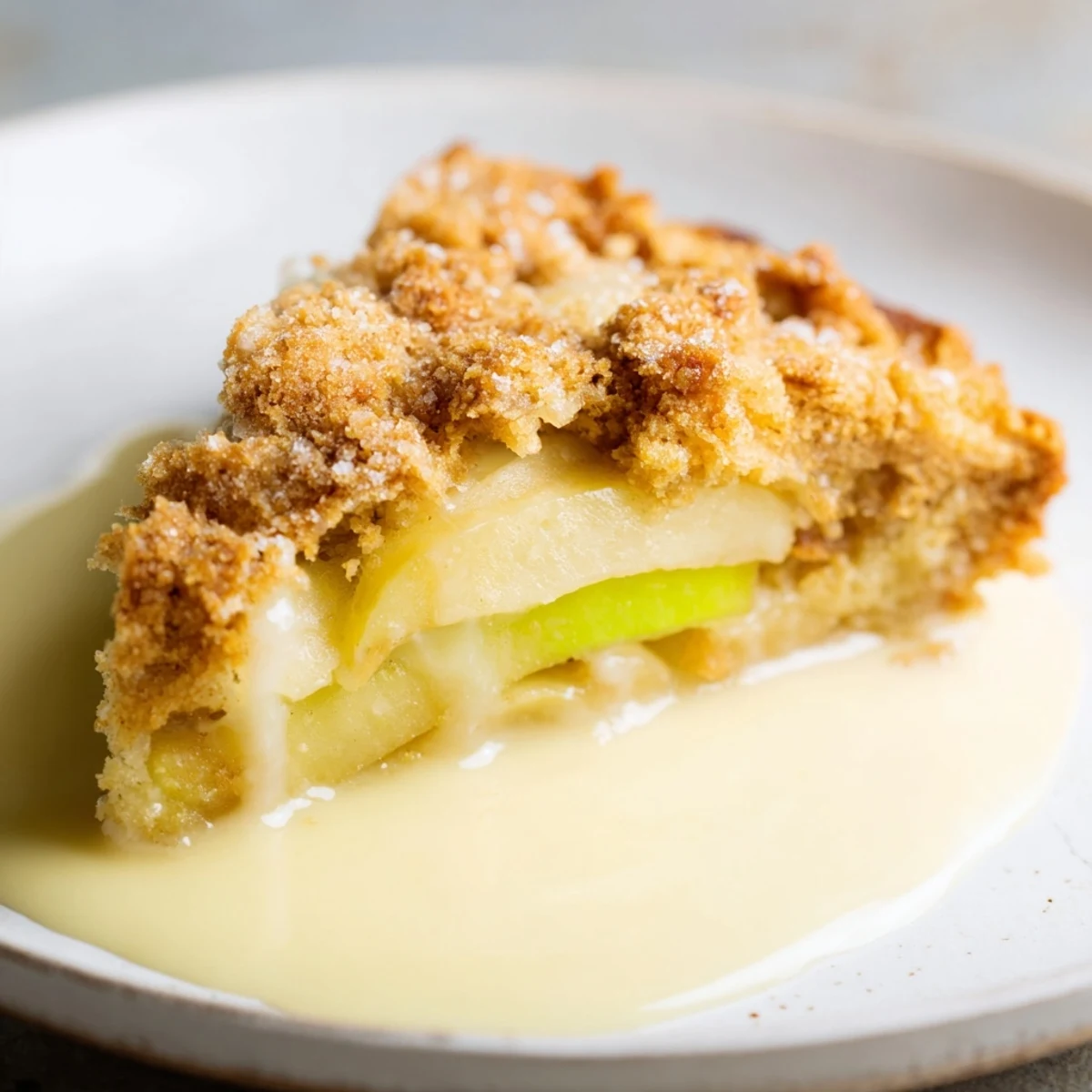 Serving suggestion for Irish Apple Cake with Warm Vanilla Custard, where a spoonful of warm vanilla custard pools over the tender, spiced apple cake slice.
