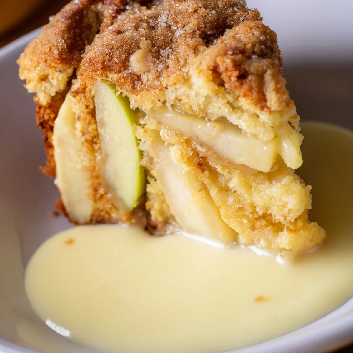 Close-up of Irish Apple Cake with Warm Vanilla Custard, highlighting moist cake layers, thinly sliced tart apples, and a drizzle of rich, warm custard sauce.