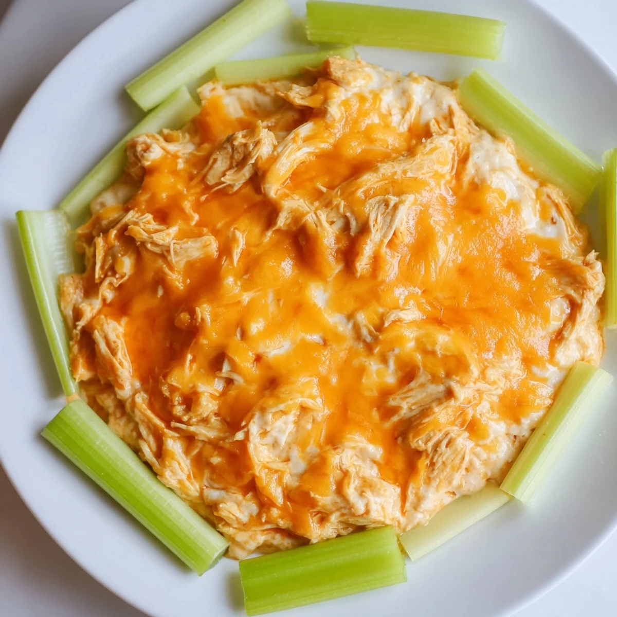 A warm, bubbly Spicy Buffalo Chicken Dip with Celery Sticks, fresh from the oven, garnished with green onions.  