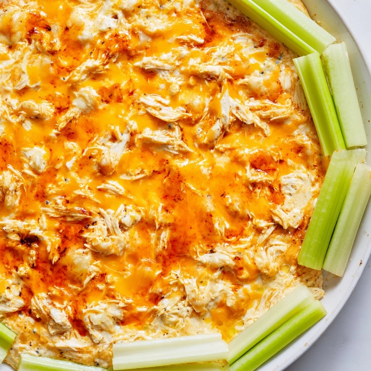 Cheesy, spicy Buffalo Chicken Dip with creamy texture and crunchy celery sticks, perfect for game day.