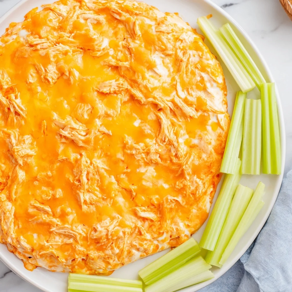 Golden, baked Spicy Buffalo Chicken Dip served in a skillet alongside crisp celery sticks for dipping.  