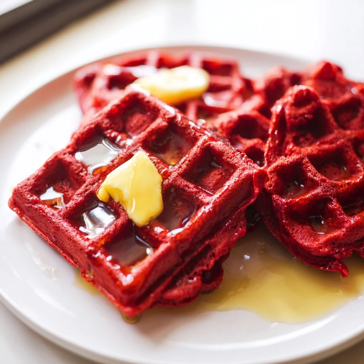 Close-up of fluffy Red Velvet Waffles with Maple Syrup and Butter glistening, highlighting the vibrant red cocoa batter and melting butter pat.  