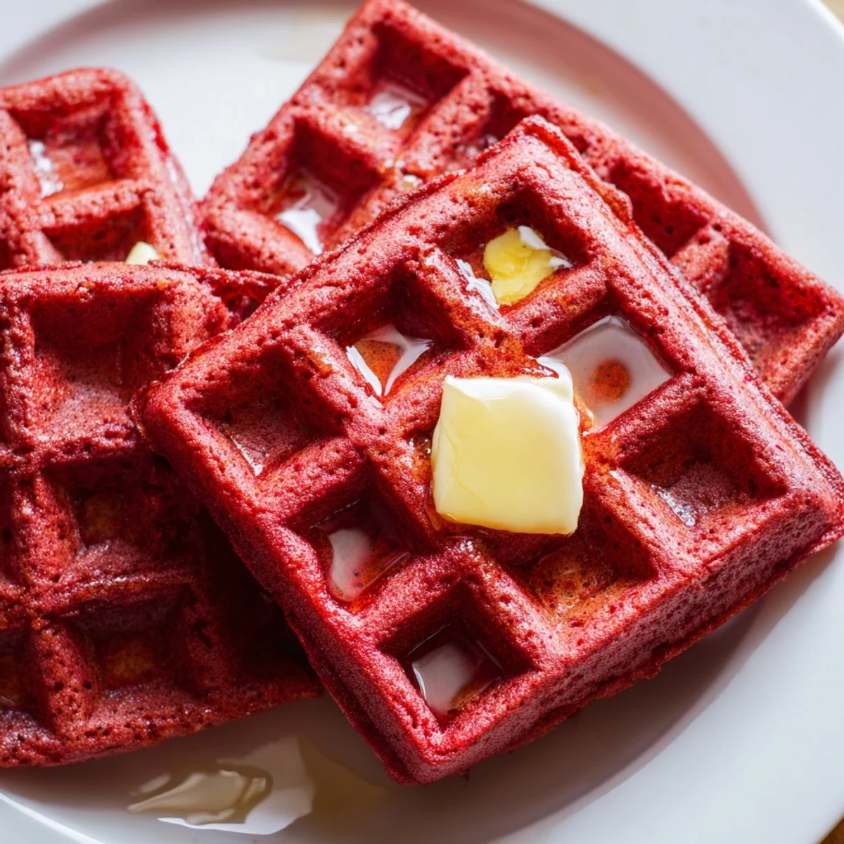 Golden, crispy Red Velvet Waffles with Maple Syrup and Butter are stacked high on a white plate, ready for a cozy breakfast.  