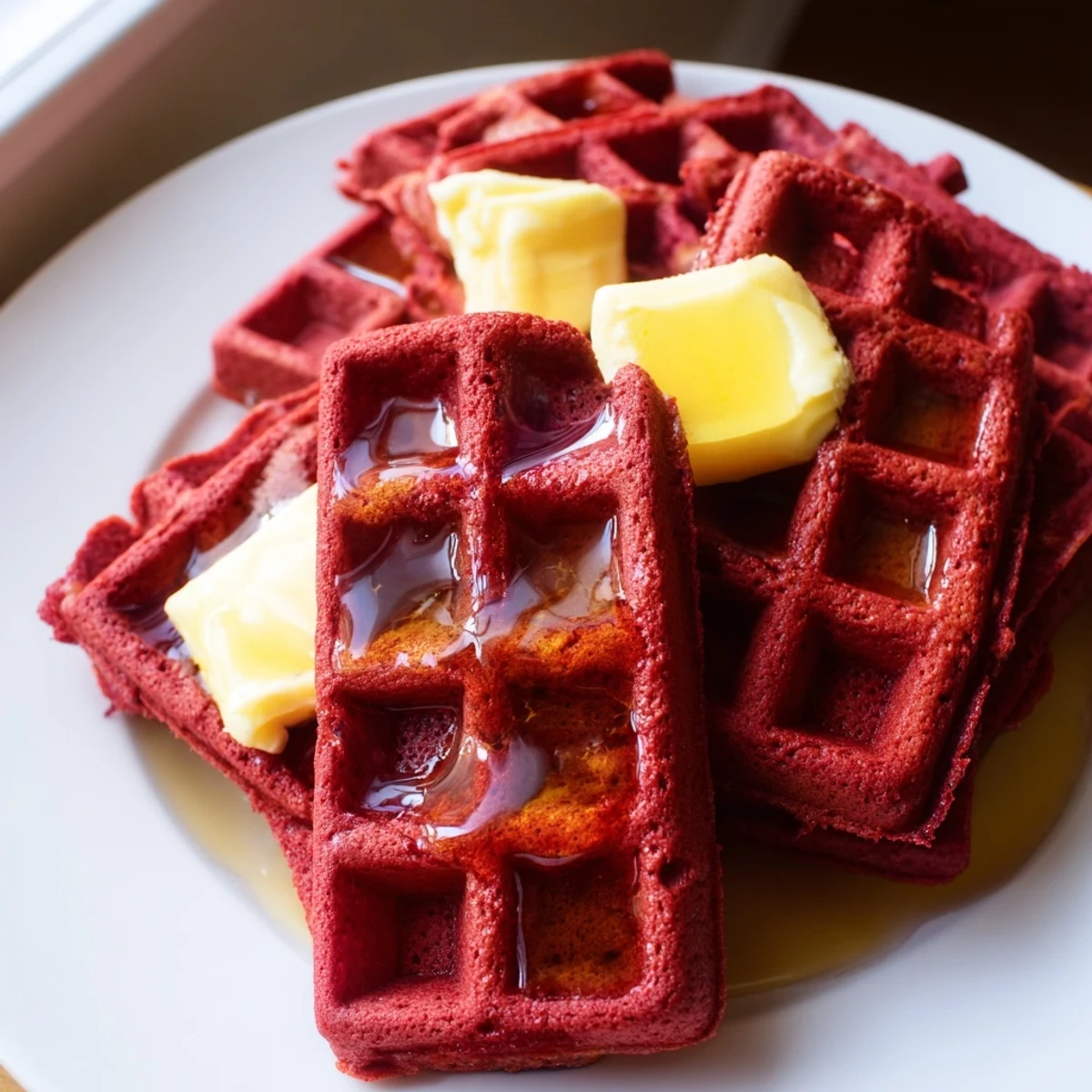 Freshly cooked Red Velvet Waffles with Maple Syrup and Butter being drizzled, topped with extra butter for a decadent brunch treat.