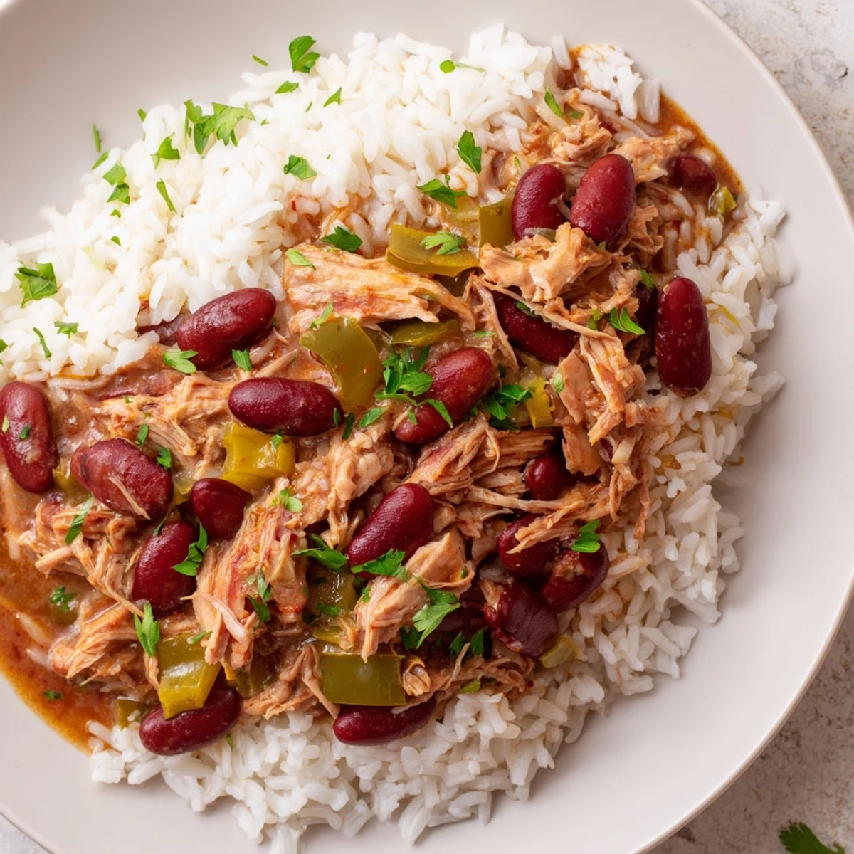 A hearty bowl of Creole Red Beans and Rice with Smoked Turkey served over fluffy white rice, garnished with fresh parsley.