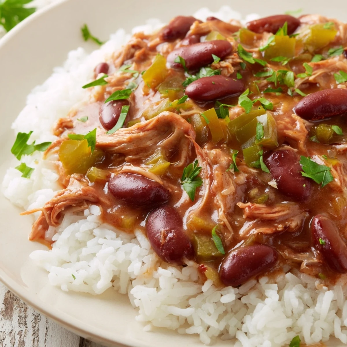Smoked turkey simmered with tender red beans in Creole spices, ready to be spooned over white rice for a classic Southern meal.