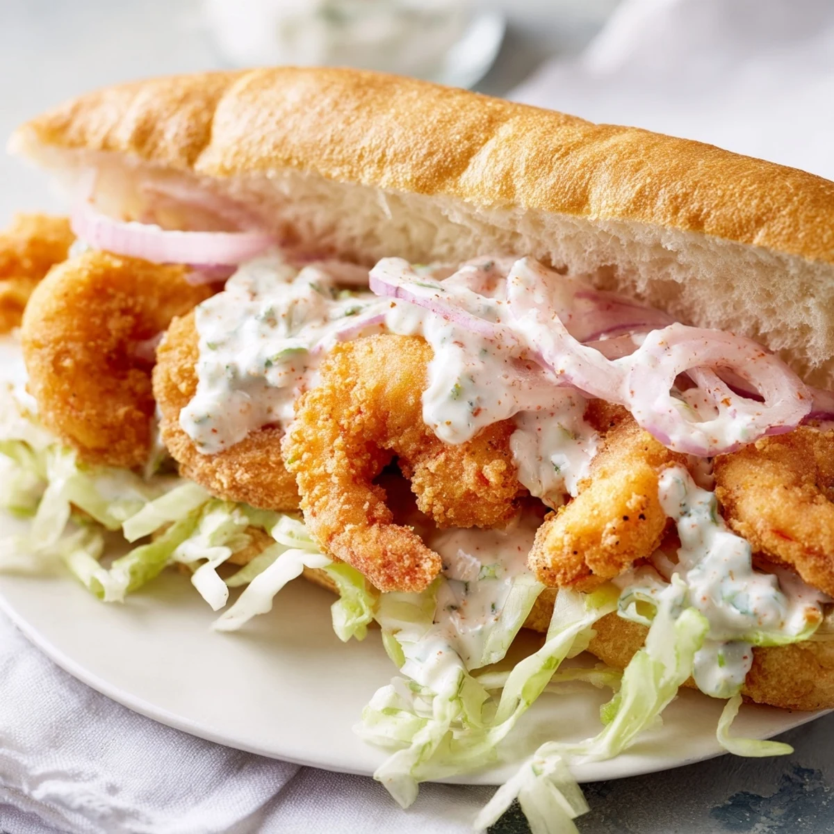 Golden fried shrimp piled high on a toasted French roll with remoulade sauce, lettuce, tomato, and red onion slices.