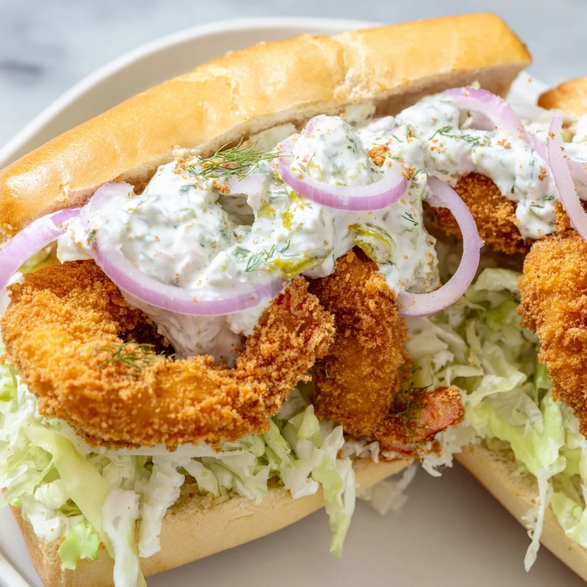 A close-up view of a Southern shrimp po boy sandwich, showcasing crispy crusts and fresh toppings.