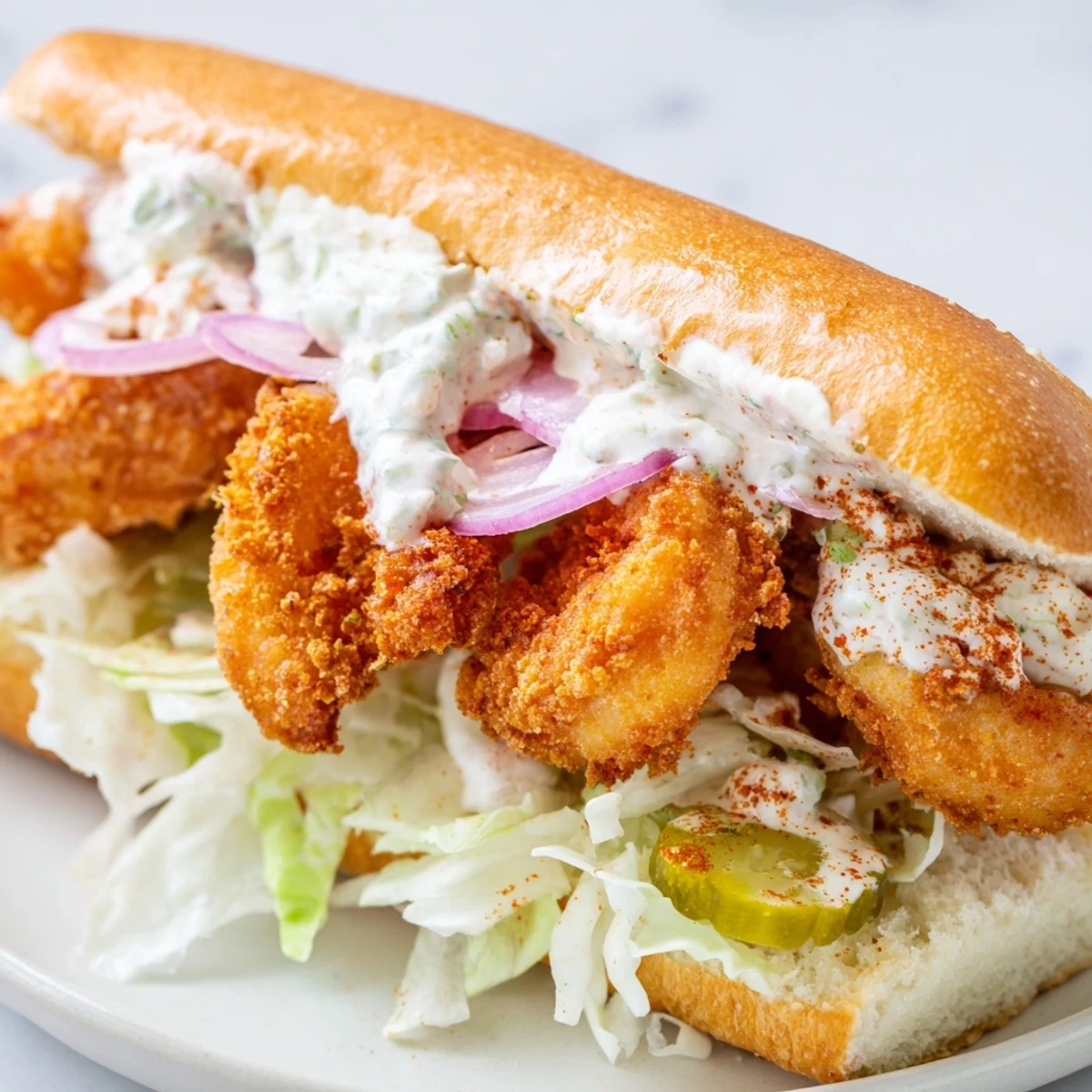 The classic Louisiana po boy recipe features succulent shrimp with tangy remoulade on a soft hoagie bun.