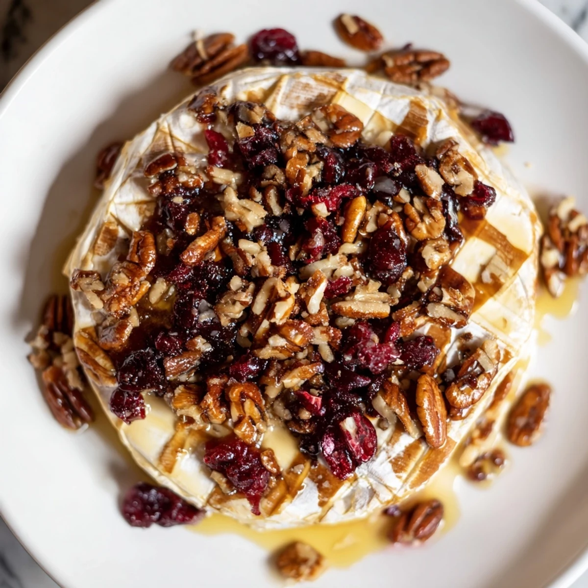 Golden Baked Brie with Cranberry and Pecan Topping bubbling in a dish, surrounded by crusty crostini for a festive appetizer spread.