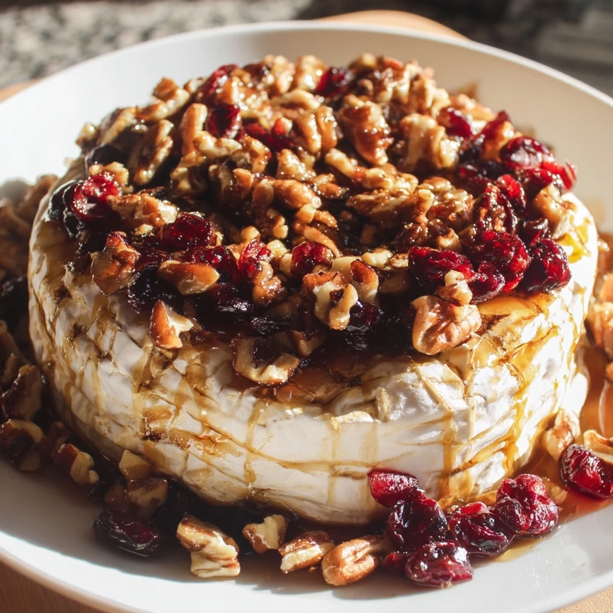 A close-up of warm Baked Brie with Cranberry and Pecan Topping, the creamy cheese oozing over sweet-tart fruit and toasted nuts.