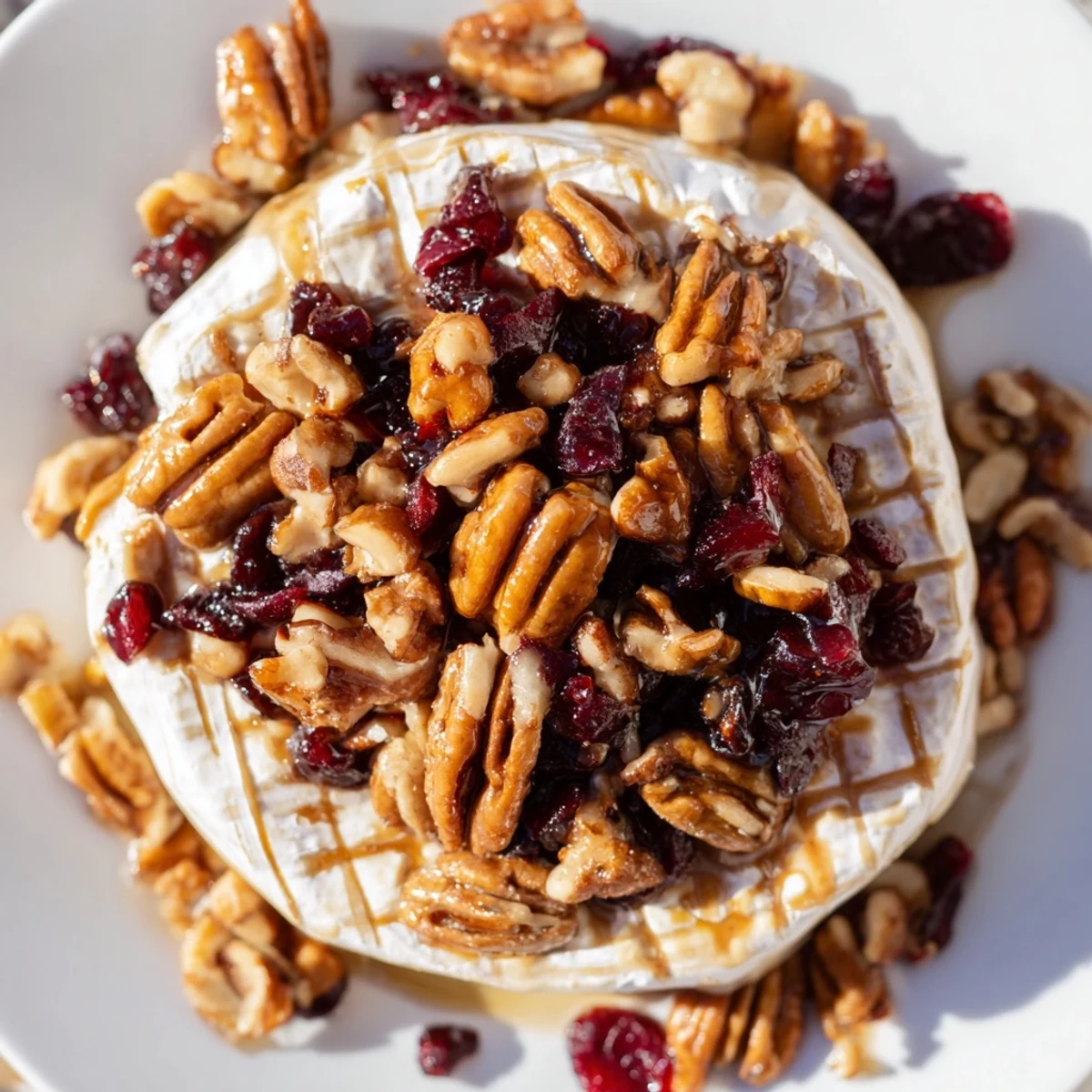 Perfect holiday Baked Brie with Cranberry and Pecan Topping served on a wooden board with crackers and a drizzle of maple syrup.