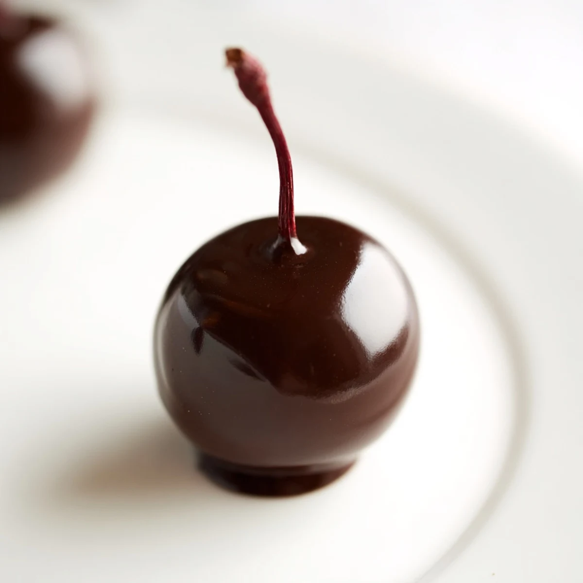 A close-up of homemade chocolate covered cherries with fondant center, showcasing glossy dark chocolate shells and visible cherry stems.