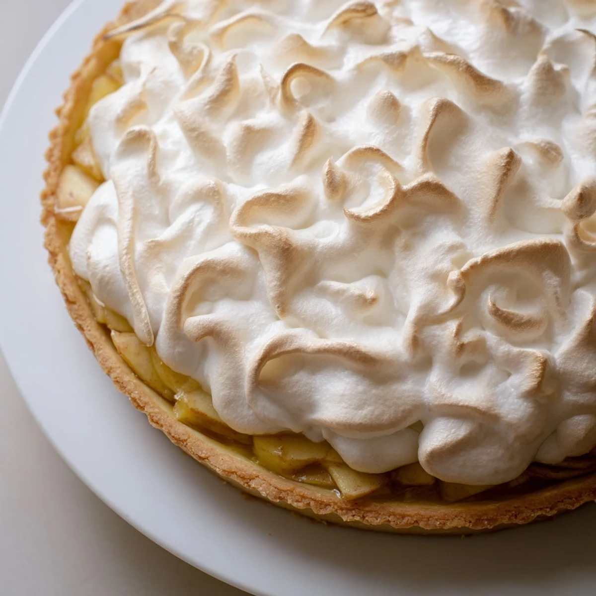 A slice of Irish Apple Amber Tart served warm with softly whipped cream on a rustic wooden table.