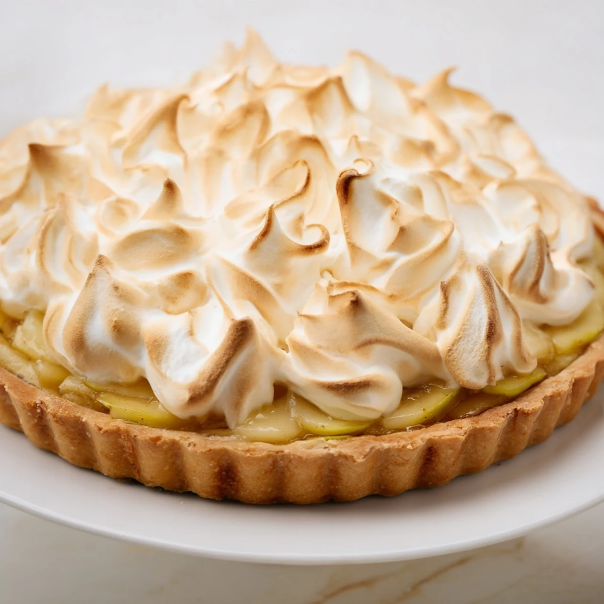 Golden meringue topping on Irish Apple Amber Tart with crisp pastry shell and tangy apple filling.