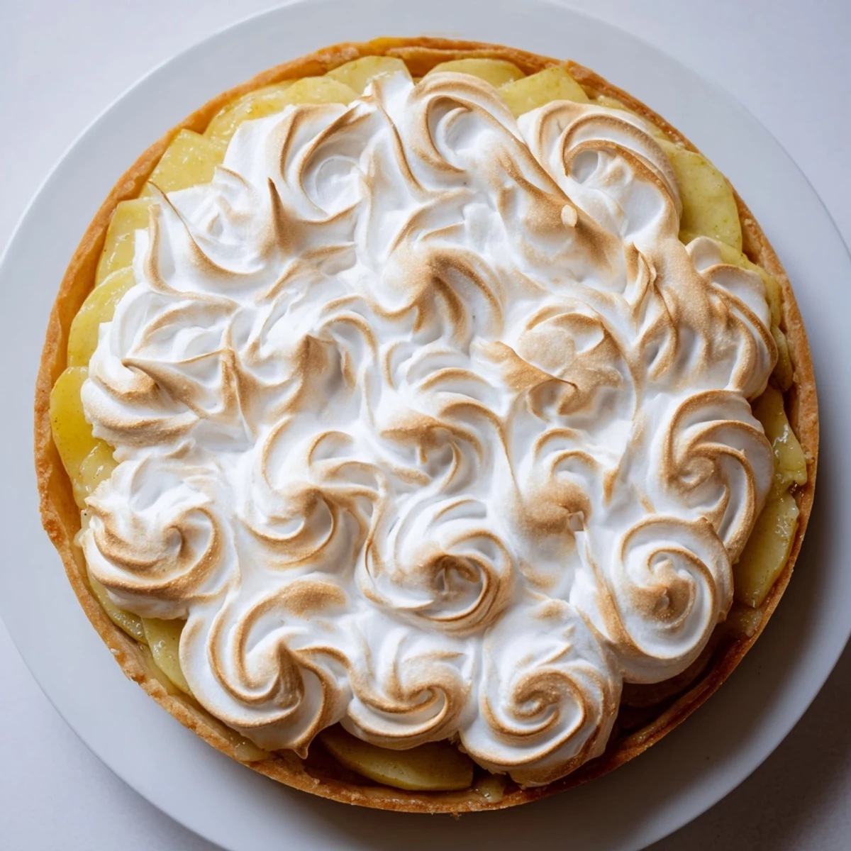 Freshly baked Irish Apple Amber Tart featuring golden-brown meringue swirls and tender cooked apples inside a flaky crust.