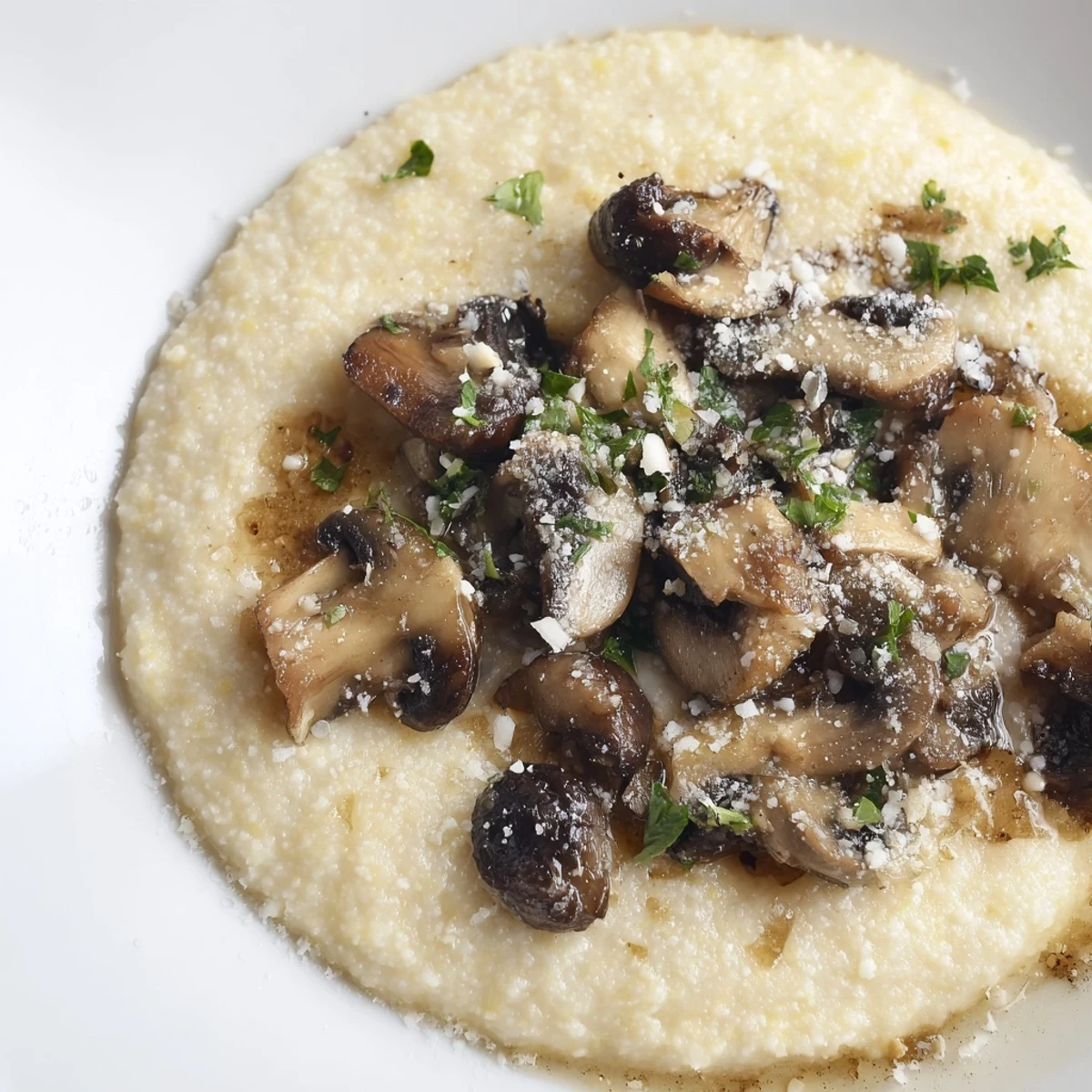 Creamy polenta topped with golden roasted mushrooms, garlic, and thyme served in a cozy ceramic bowl for a comforting meal.  