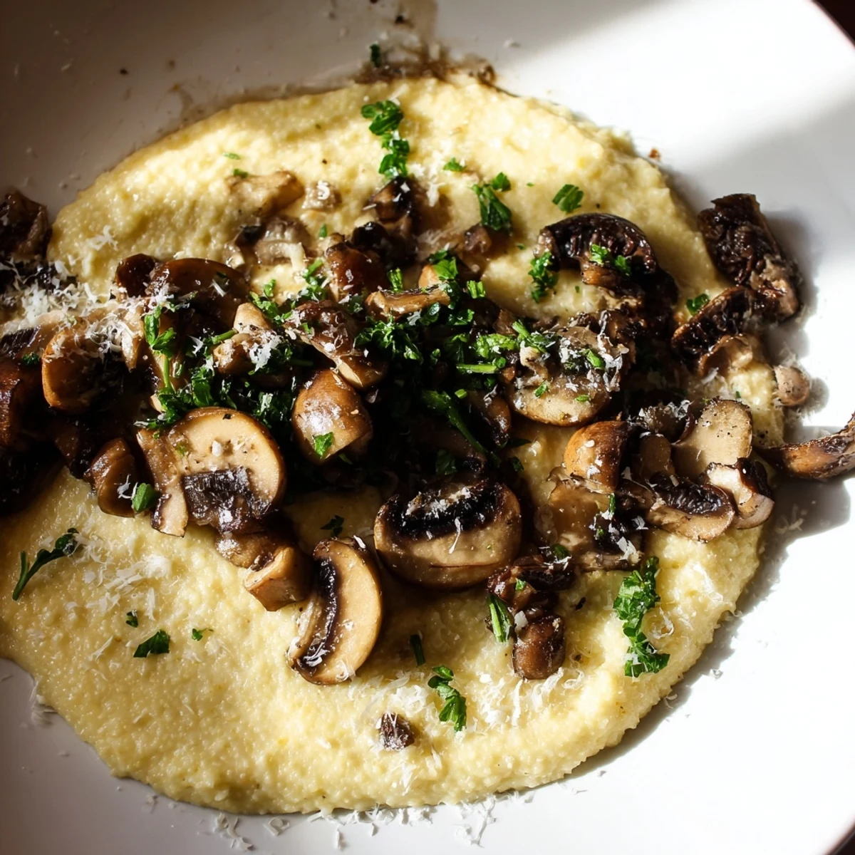 A bowl of creamy polenta with roasted mushrooms, garnished with fresh parsley and Parmesan, perfect as a vegetarian main dish.  