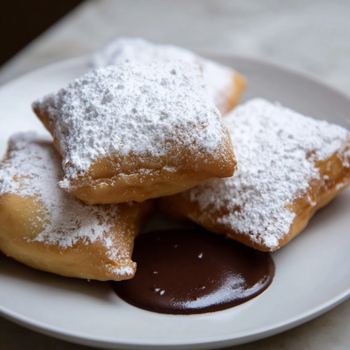 Golden, powdered sugar-dusted Mardi Gras beignets piled high beside a rich, silky chocolate sauce ready for dipping.  