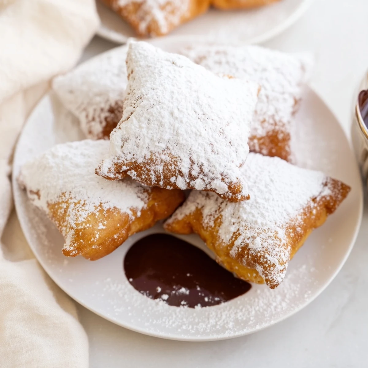 A close-up of pillowy Mardi Gras beignets, fresh from the fryer, lightly coated in powdered sugar.  