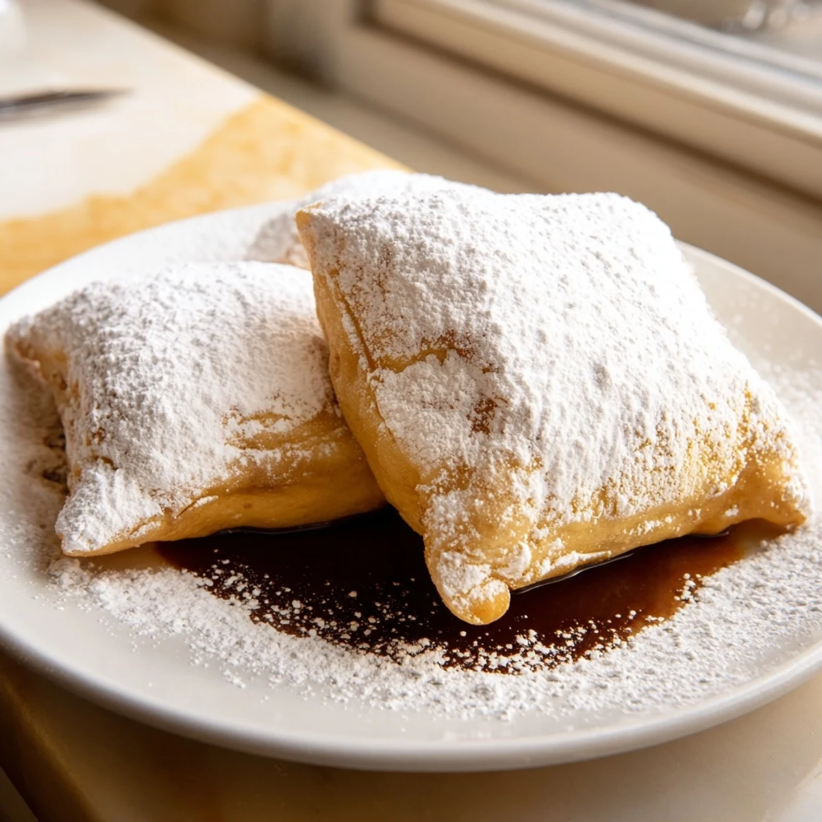Freshly fried Mardi Gras beignets, golden brown and fluffy, served warm with a drizzle of chocolate sauce.