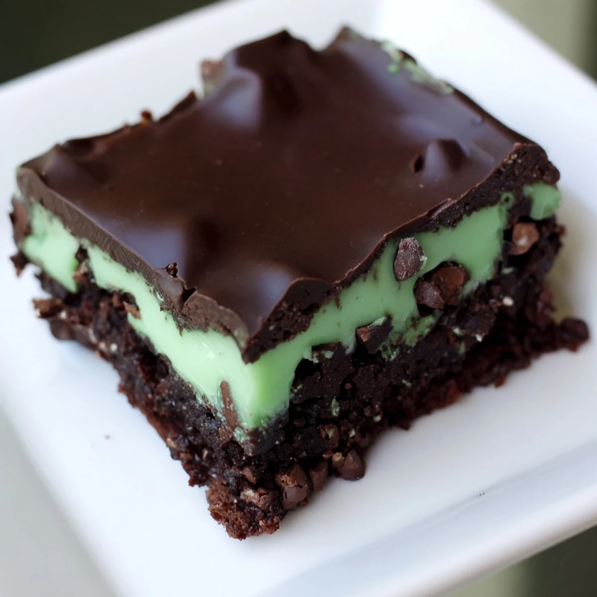 A close-up slice of Mint Chocolate Chip Brownies on a wooden board, with gooey chocolate chips and a cool minty center.