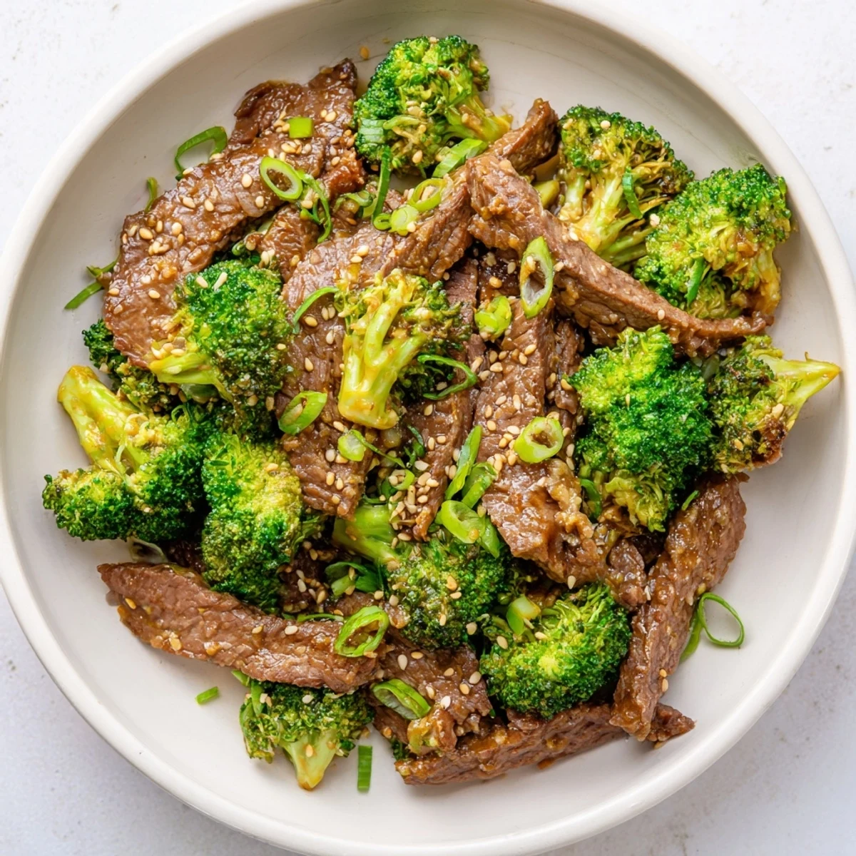 Tender slices of beef and crisp broccoli florets glisten in a savory ginger sauce, served over steamed rice.  