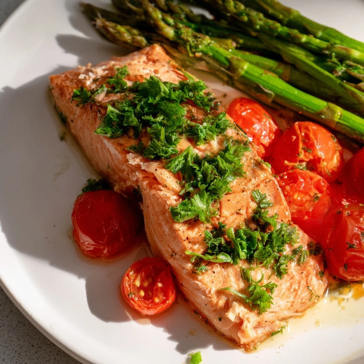Tender sheet pan salmon fillets roasted with crisp asparagus and sweet cherry tomatoes, garnished with fresh parsley and lemon wedges.