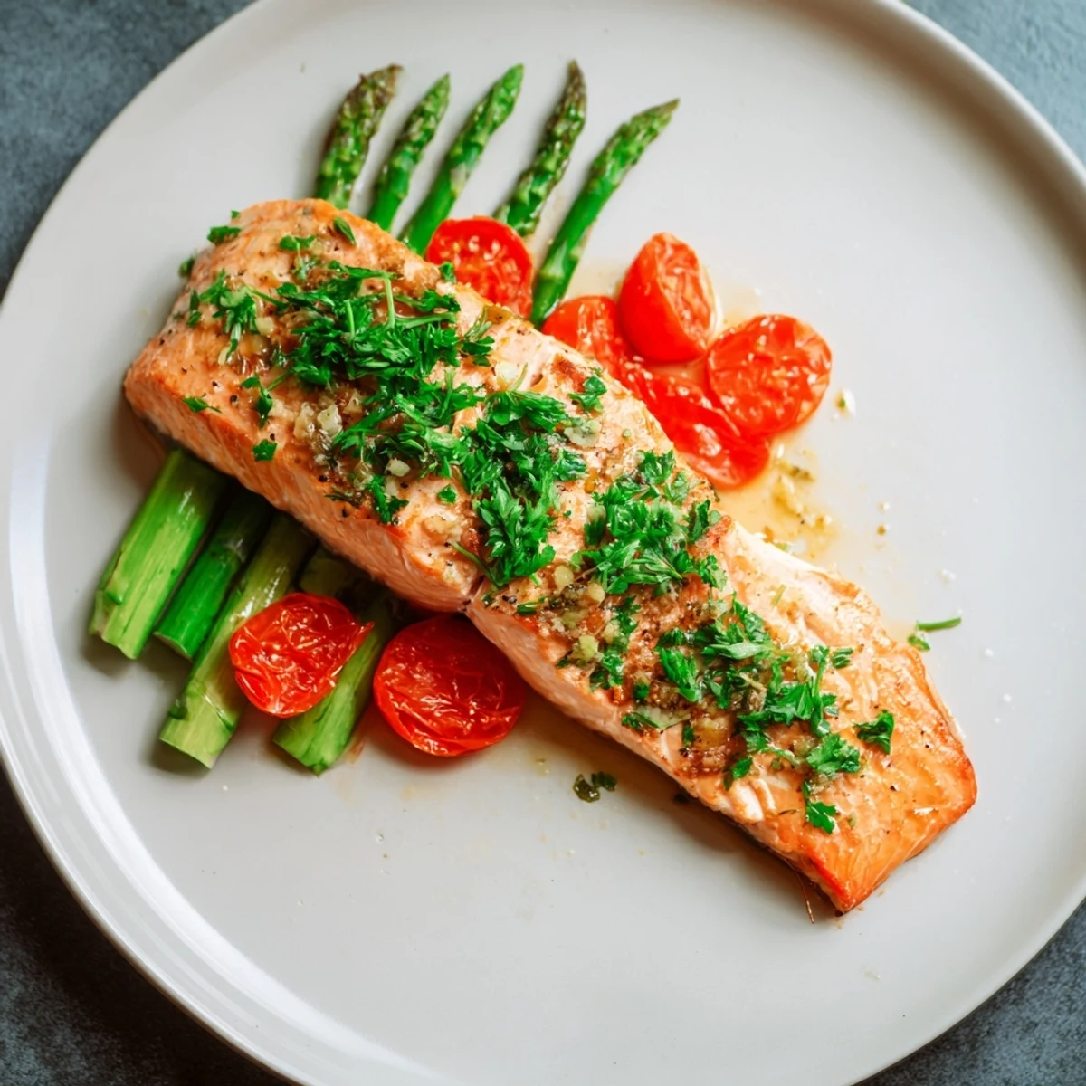 Golden, flaky salmon beside charred asparagus and burst cherry tomatoes, a fresh, herb-seasoned sheet pan dinner for busy weeknights.