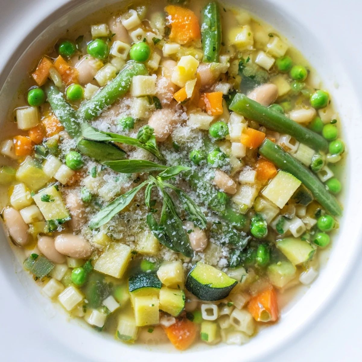 A steaming bowl of Spring Vegetable Minestrone Soup garnished with fresh basil and grated Parmesan cheese.