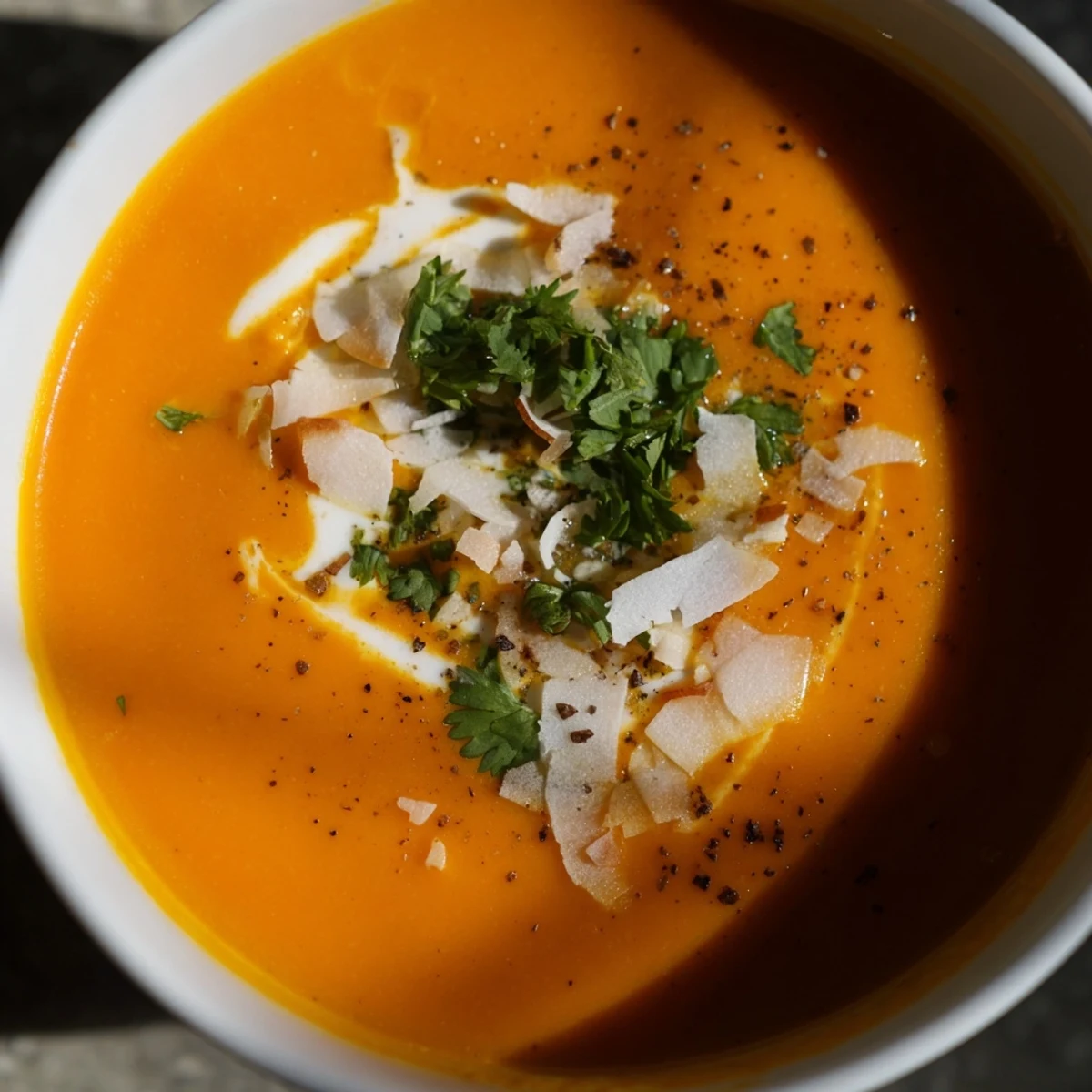 A warm bowl of Carrot and Ginger Soup with Coconut Milk garnished with fresh cilantro and toasted coconut flakes.