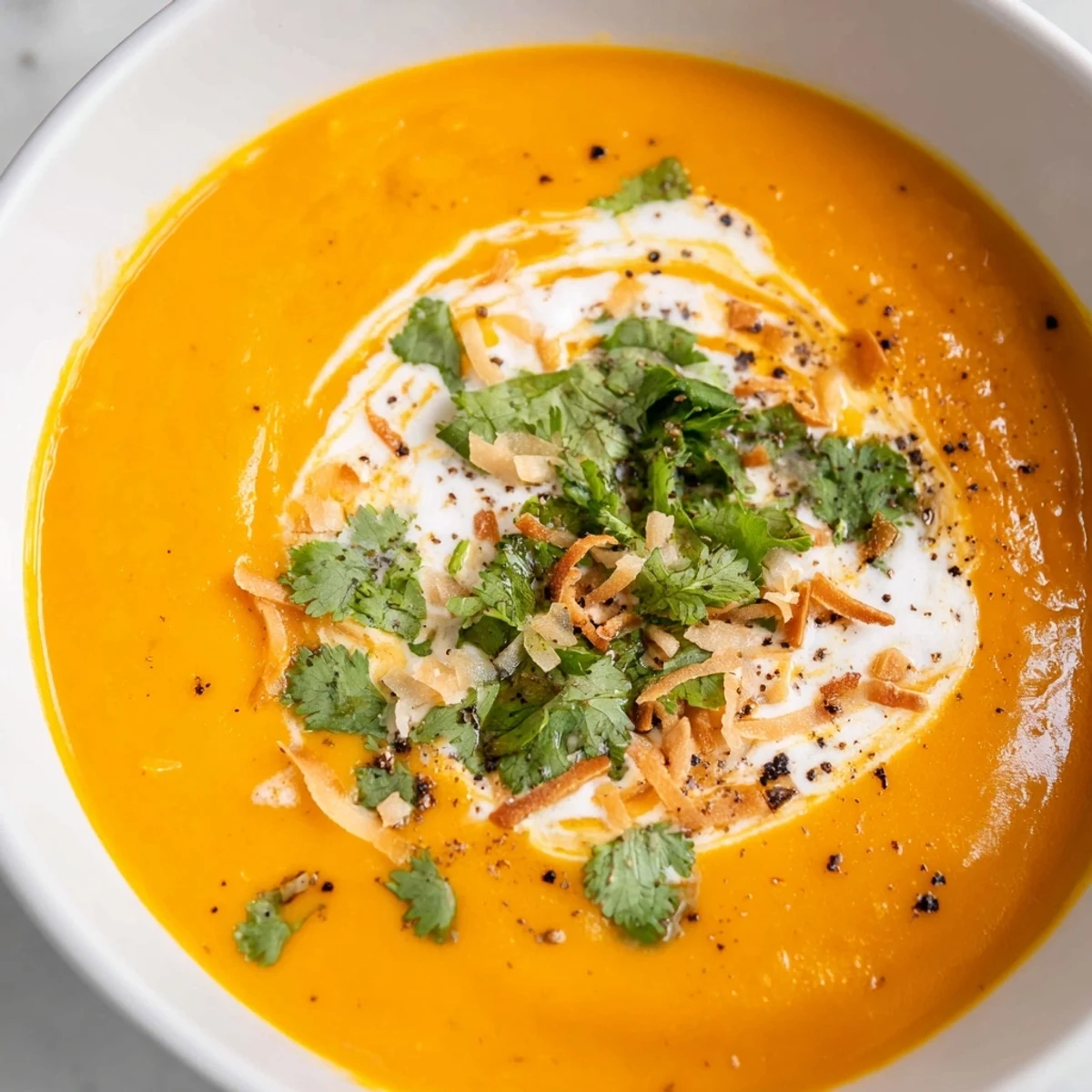 Vibrant orange Carrot and Ginger Soup with Coconut Milk served in a rustic bowl, perfect for a light vegan meal.
