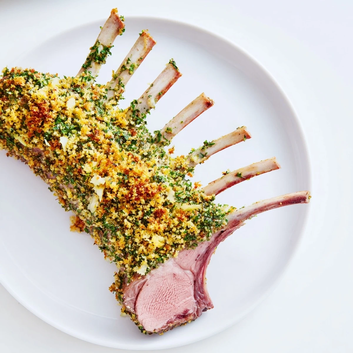 Golden-brown roasted lamb rack with a vibrant herb crust sits on a wooden board, sliced to show juicy pink meat, garnished with fresh rosemary.
