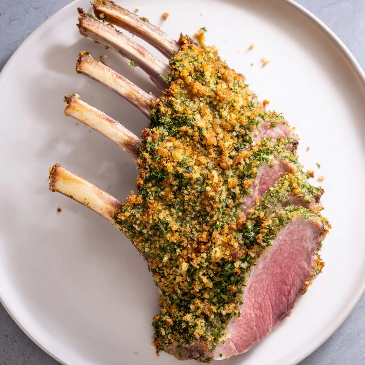 A close-up of the roasted lamb rack highlights the crispy herb crust with parsley, rosemary, and thyme, resting beside lemon wedges for brightness.