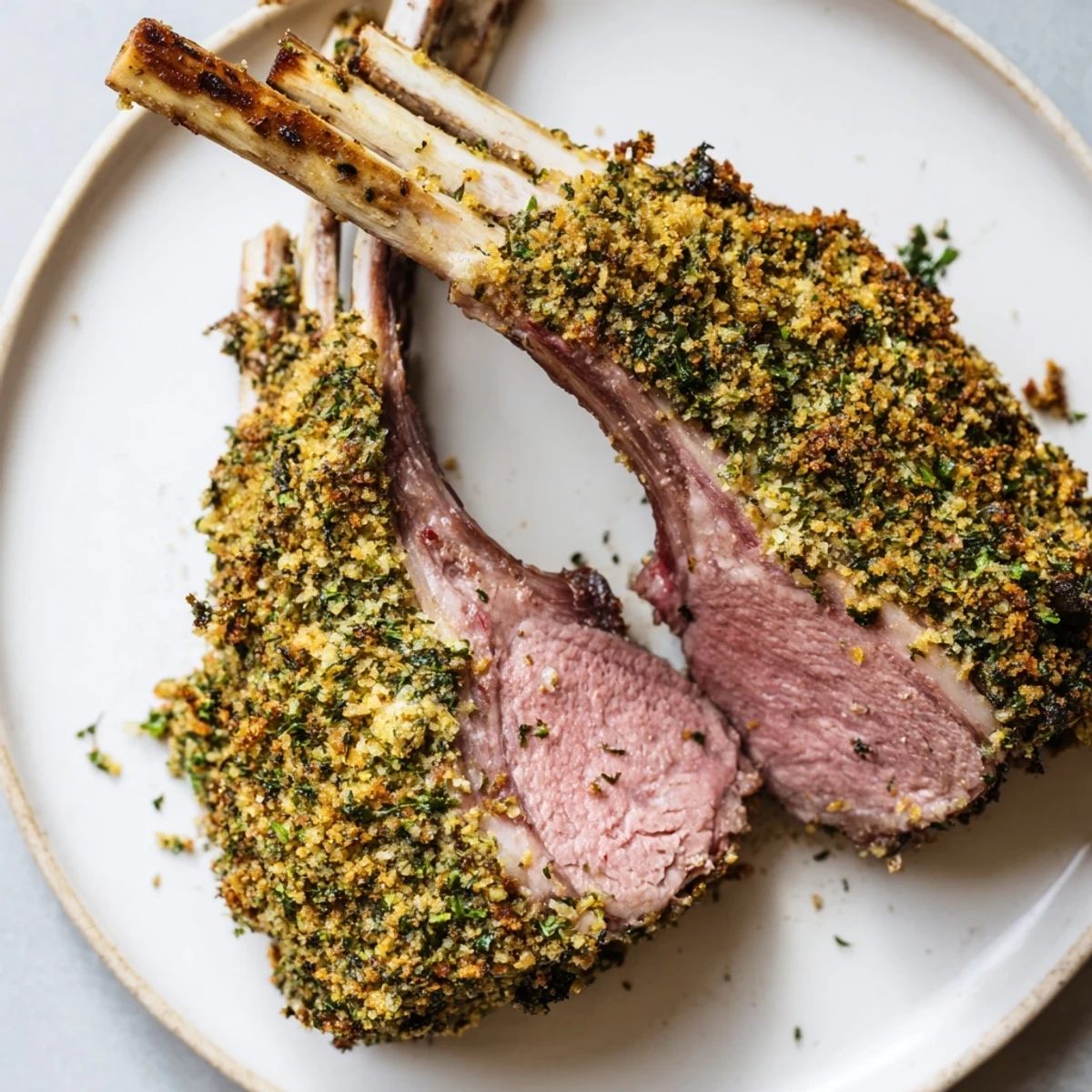 Perfectly roasted lamb rack with a savory herb crust, sliced into chops and plated on a white dish, ready for a special dinner celebration.